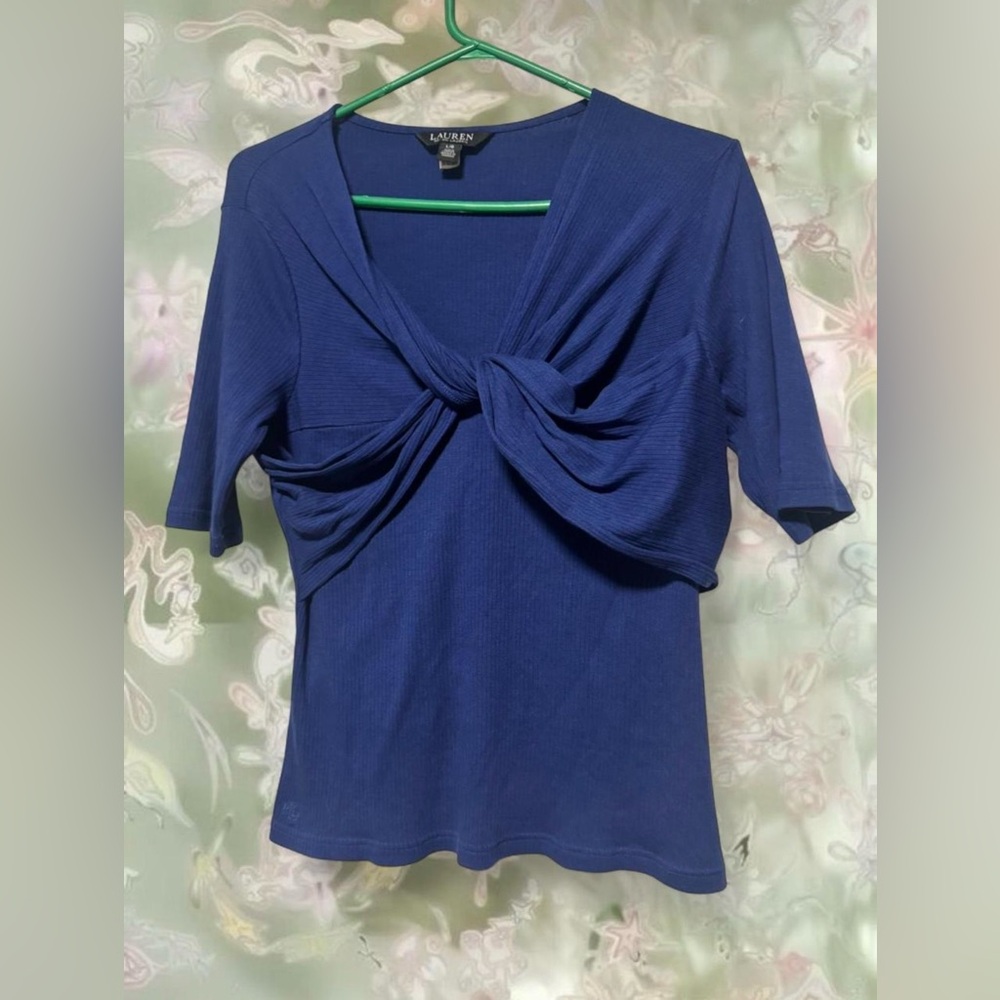 Lauren Ralph Lauren Blue Ribbed Twist-Front Short Sleeve Top